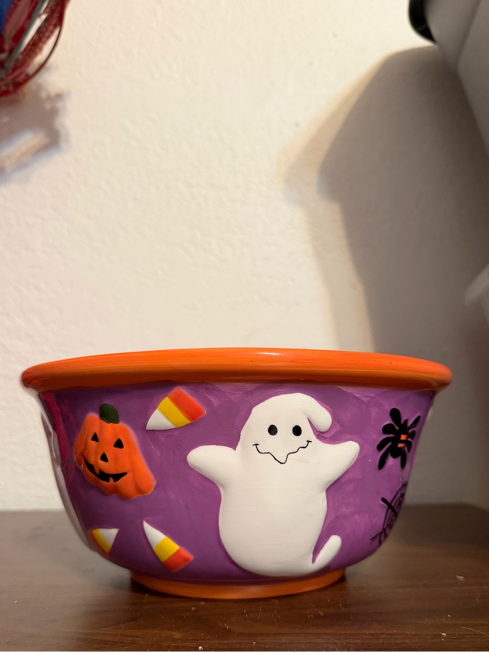 Vintage Y2K Vanson Ceramic Halloween Ghost Candy Bowl 10in Purple, Orange